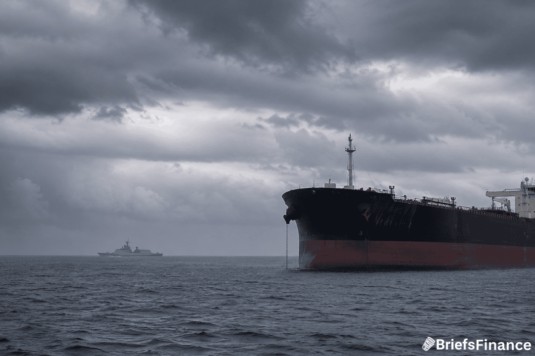Oil tanker anchored in open water under an overcast sky