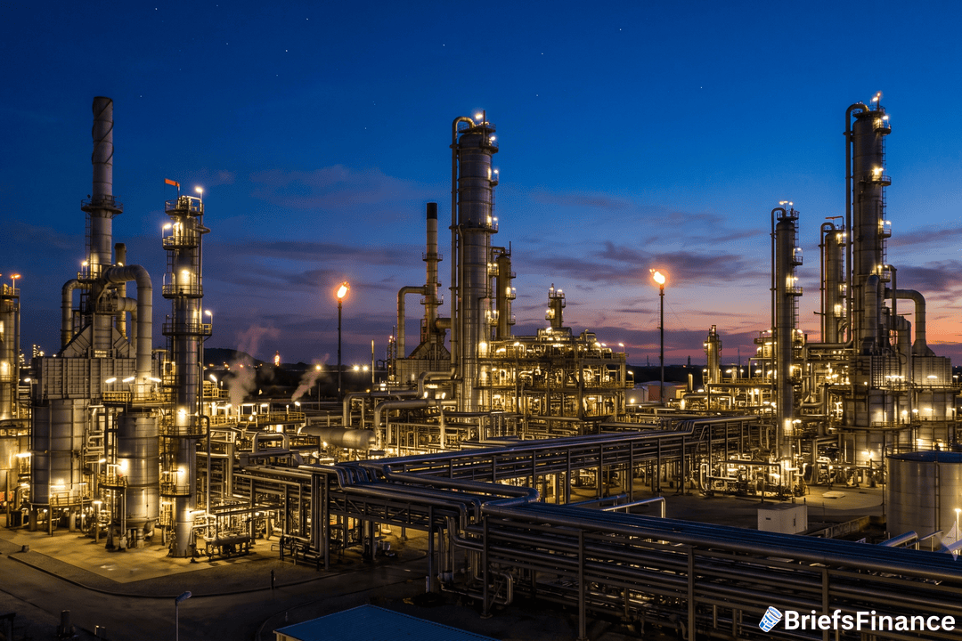 Oil refinery complex illuminated at dusk