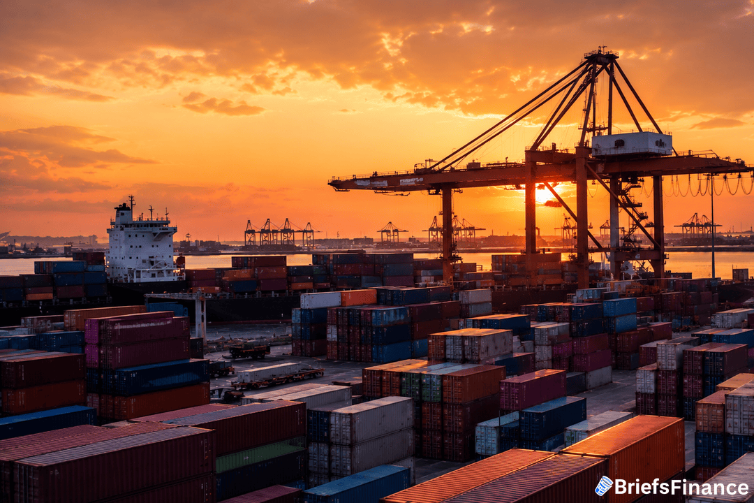 Container port at dusk with crane