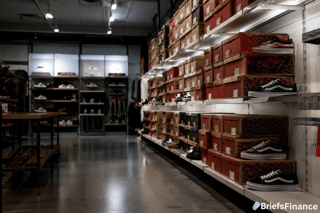 Empty athletic shoe store aisle with sneaker boxes on white shelving
