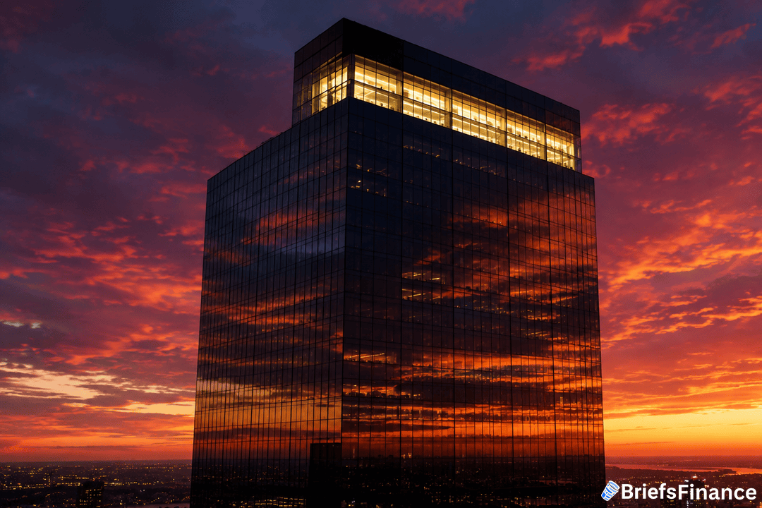 Corporate glass skyscraper at sunset with a single illuminated top floor