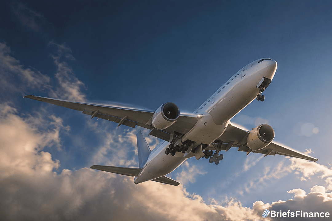Twin-engine widebody commercial jet climbing through broken cloud in late afternoon light
