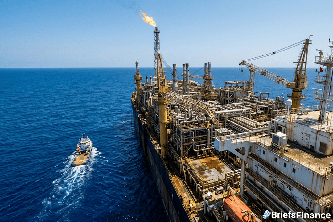 Offshore floating production vessel with a burning gas flare in deep blue Atlantic water