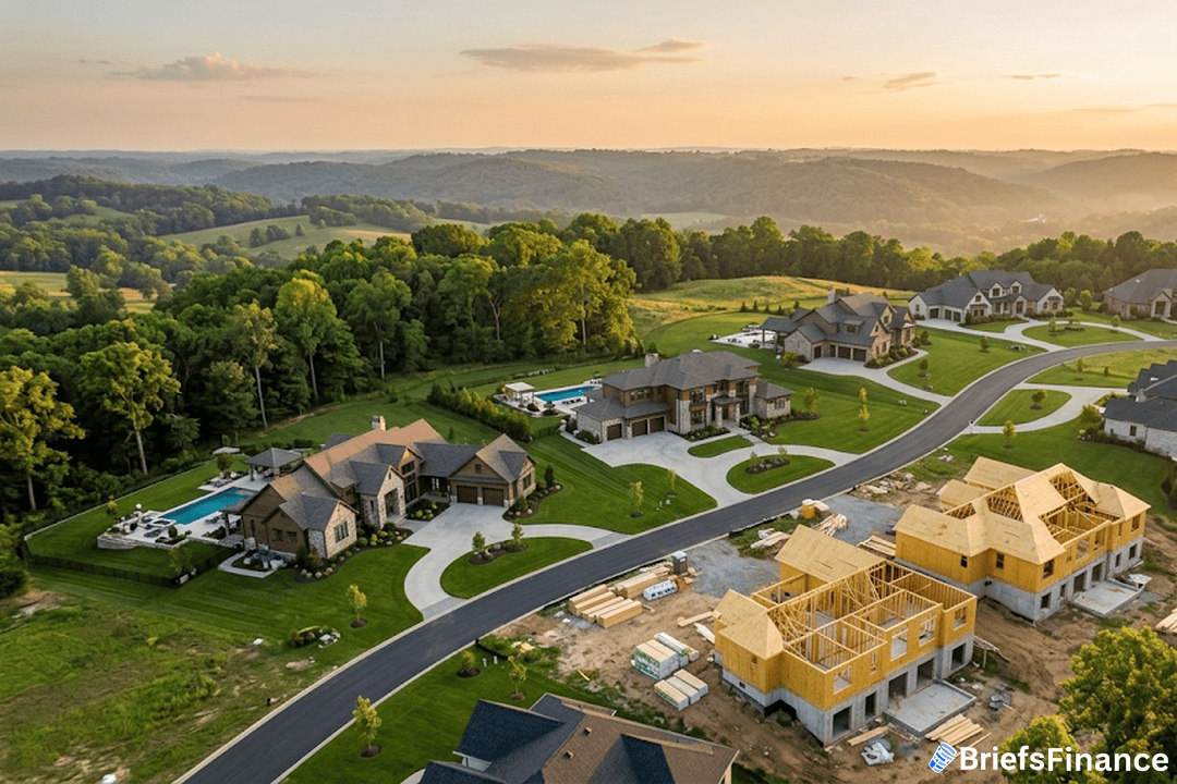 Aerial view of a luxury suburban development at golden hour with homes under construction