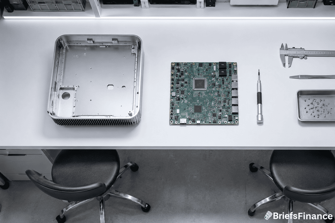 Overhead view of an engineering workbench with an aluminum enclosure, circuit board and calipers