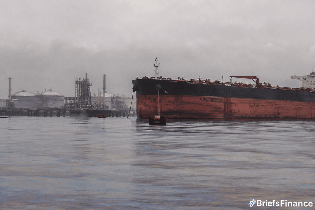 Crude oil tanker idling at anchor near a hazy industrial export terminal