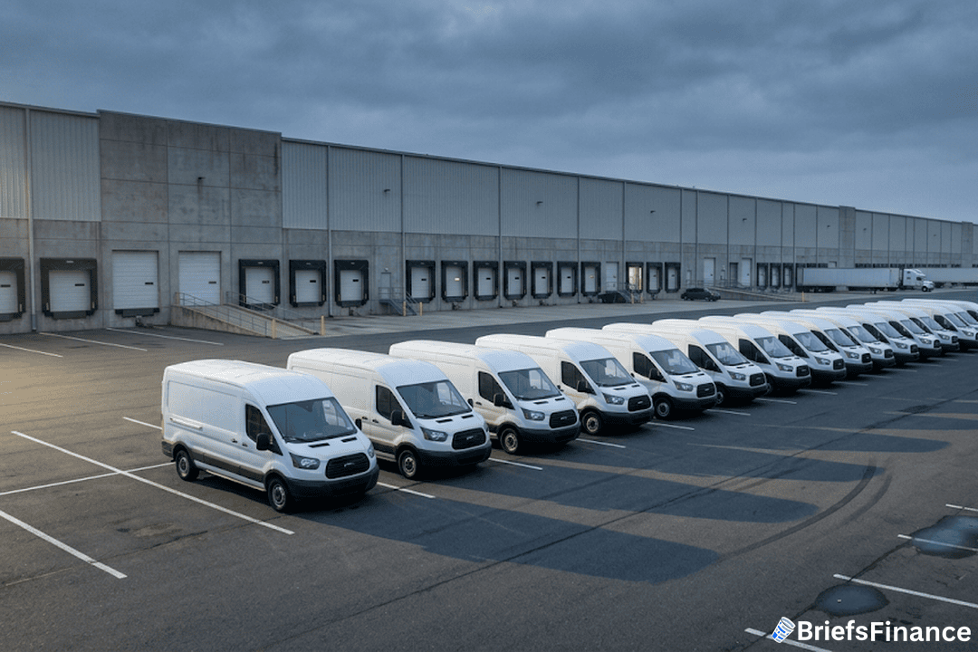 Row of white delivery vans parked outside a distribution warehouse at dawn