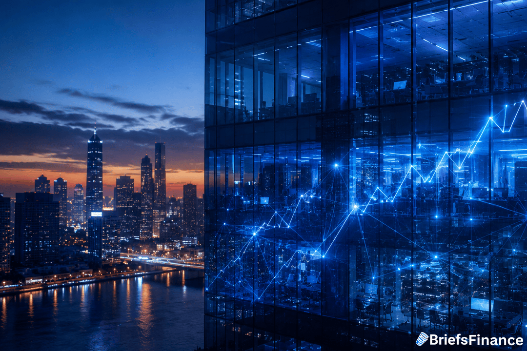 Glass office tower at dusk with ascending line graph and network node overlay