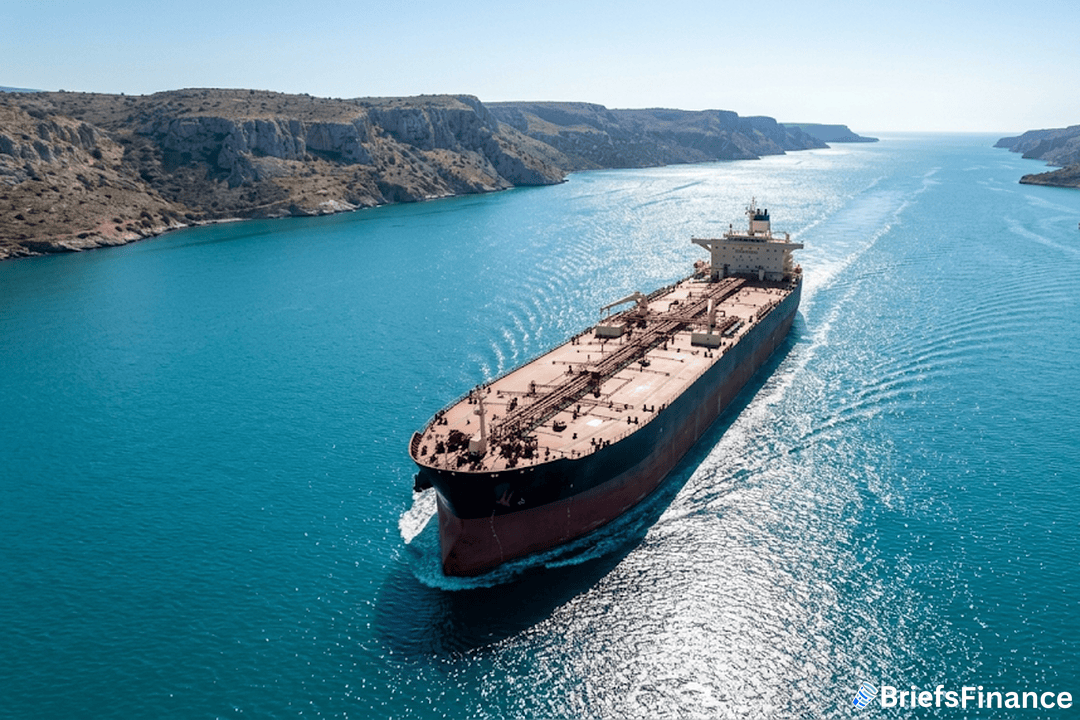 Aerial view of an oil tanker moving through a narrow strait