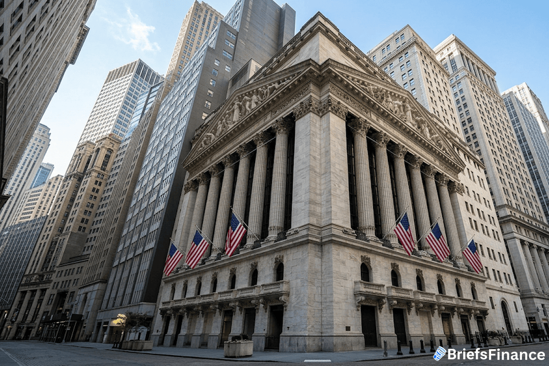 Neoclassical stock exchange facade with columns and American flags