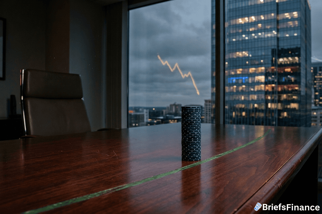 A single stack of dark blue casino chips sits pulled back behind a green betting line on a polished wood boardroom table, with a downward stock chart reflected in the office window at dusk.