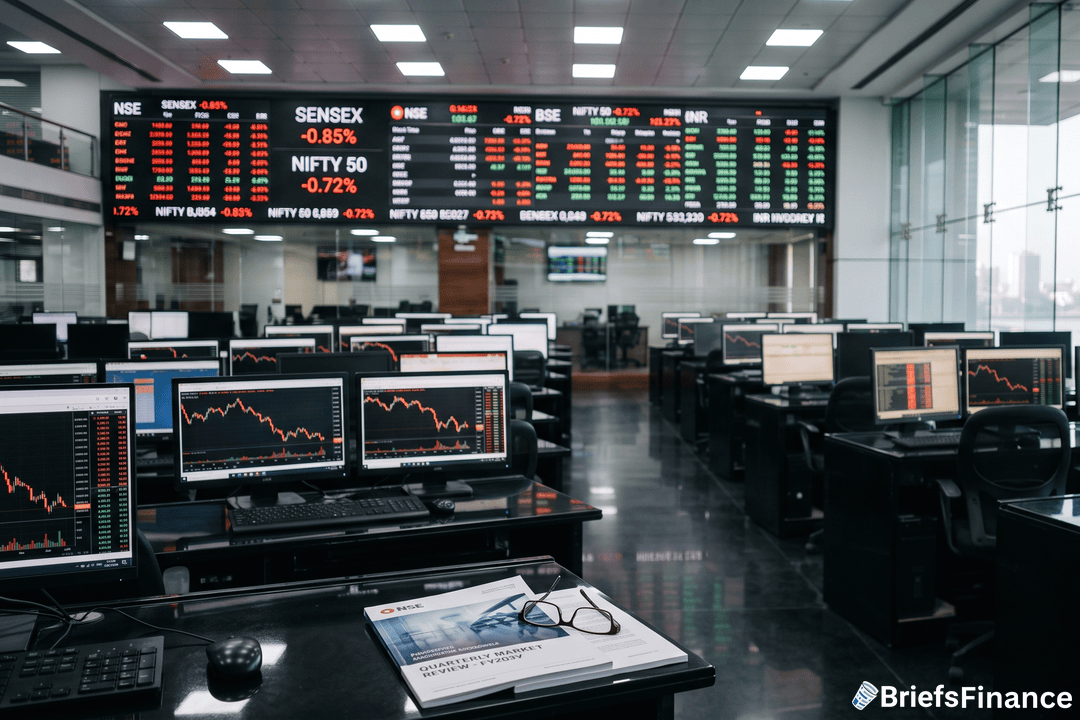 Trading floor screens showing NSE and Nifty 50 indexes falling, with an NSE quarterly market review booklet and reading glasses on a desk in the foreground.